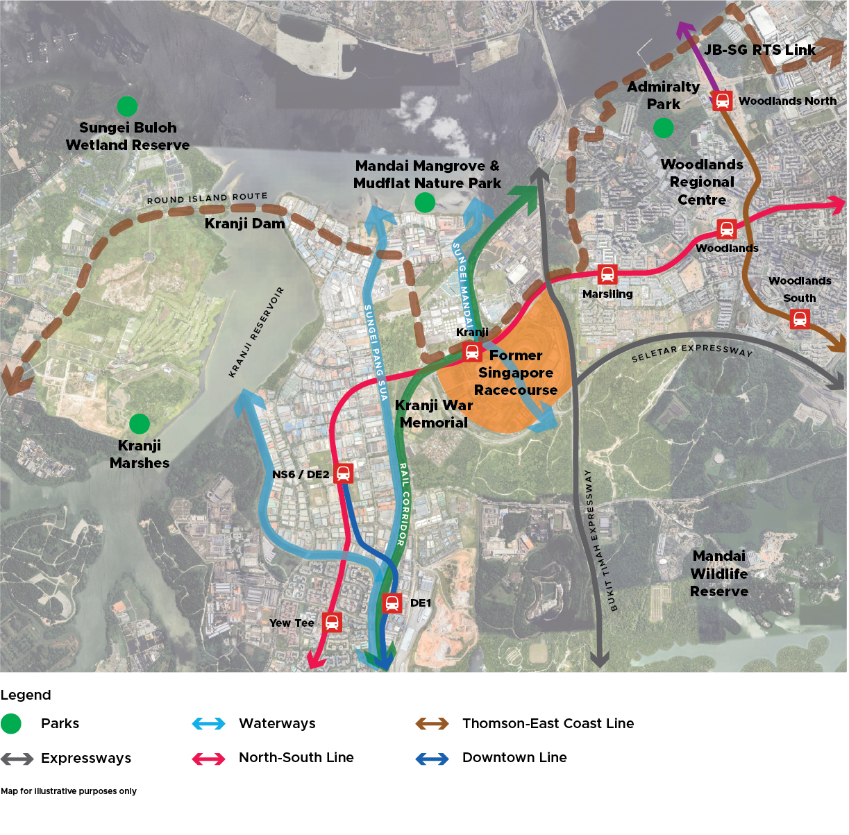 Map of Singapore's northern region, showing nature reserves, transit lines, and expressways.